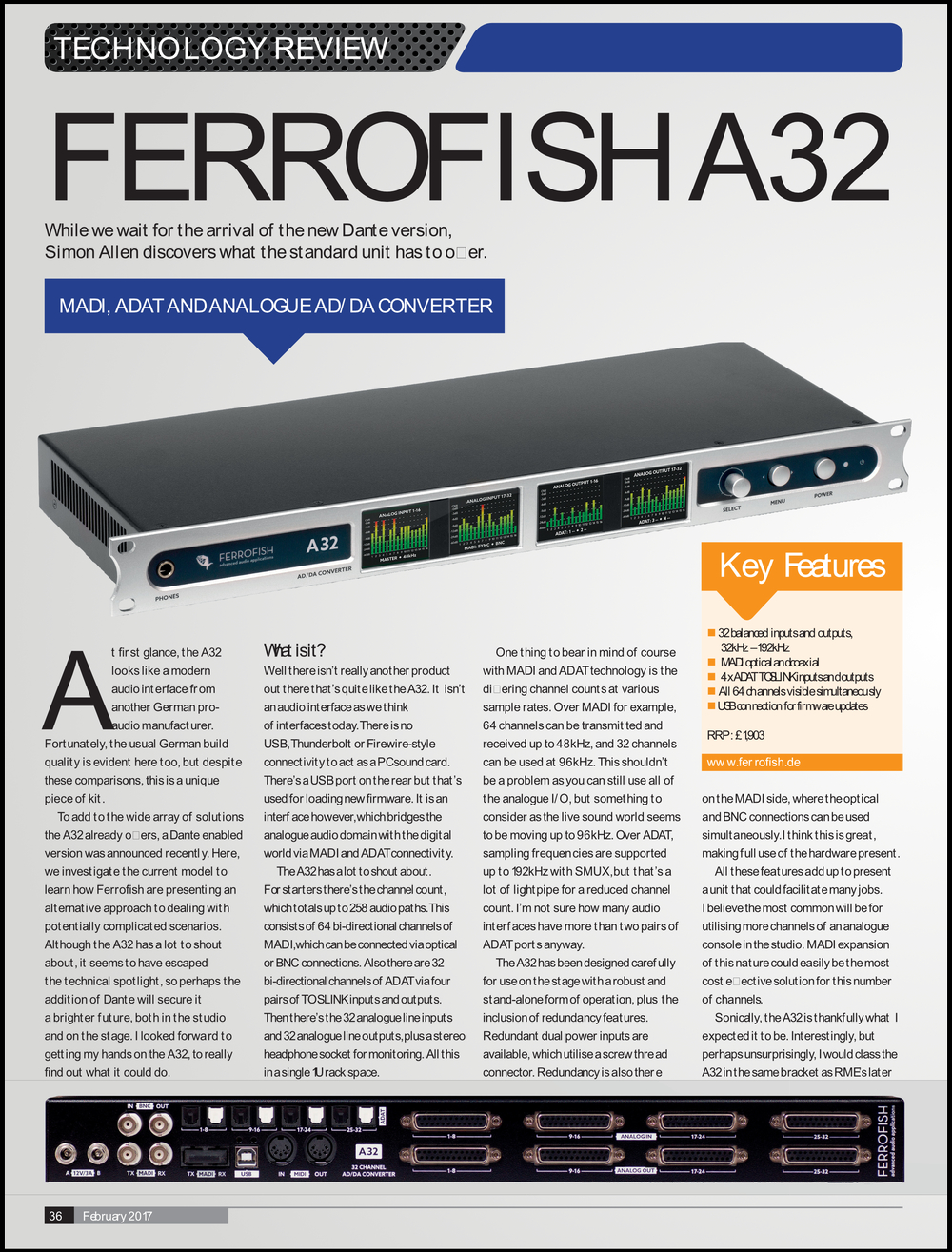 Ferrofish A32 Review - Audio Media International - February 2017